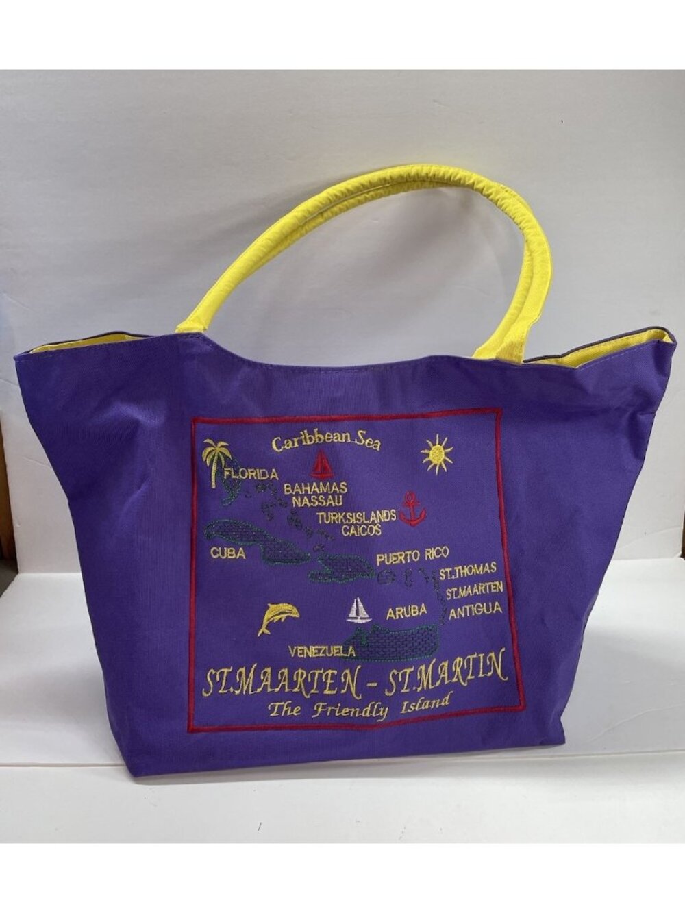 VTG Cruse St. Maarten Royal Purple/Yellow Large Canvas Tote Bag.  No Zipper